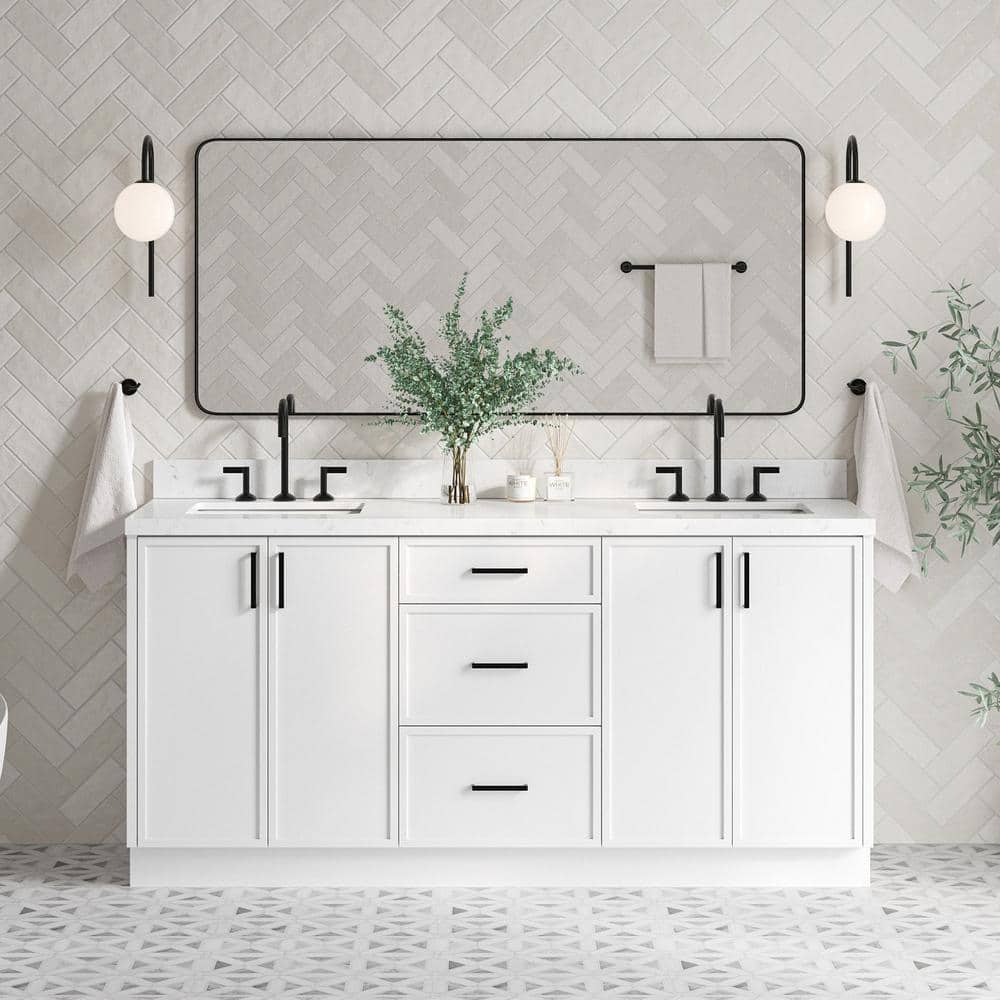 White Solid Wood Double Sink Bathroom Vanity with Carrara Quartz Top