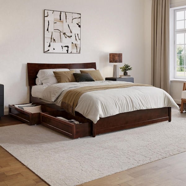 Harlowe Walnut Brown Wood Frame Queen Platform Bed with Storage Drawers
