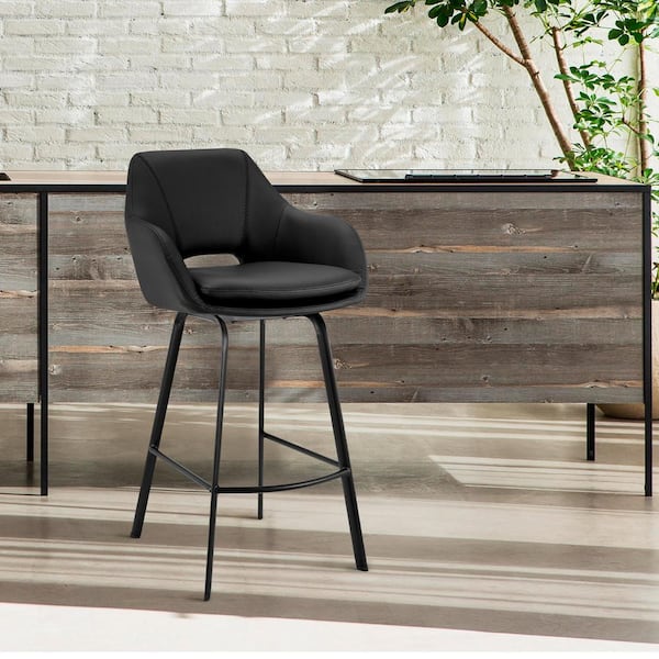 Armen Living Aura 30 in. Black Low Back Metal Swivel Bar Stool with Faux Leather Seat