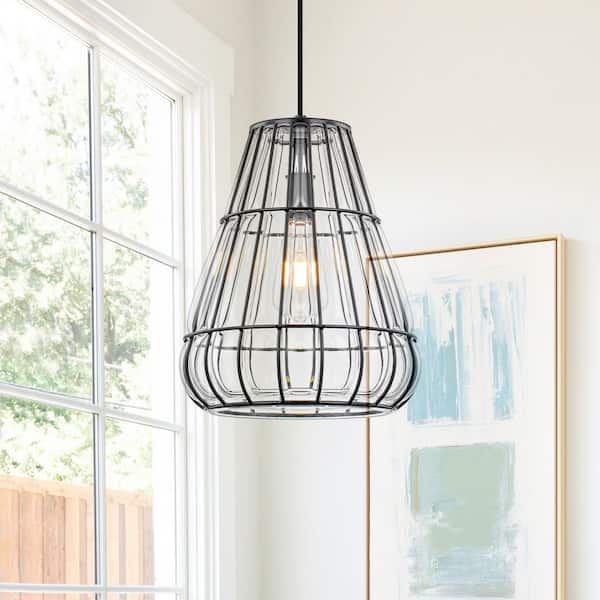 11 in. 1-Light Matte Black Iron Mesh Pendant Light with Clear Glass Globe Shade