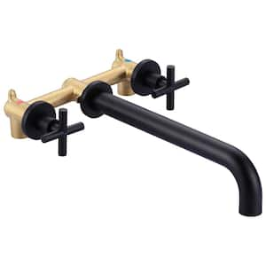 2-Handle Wall-Mount Brass Roman Tub Faucet with High Flow Long Spout Reach in Matte Black (Valve Included)