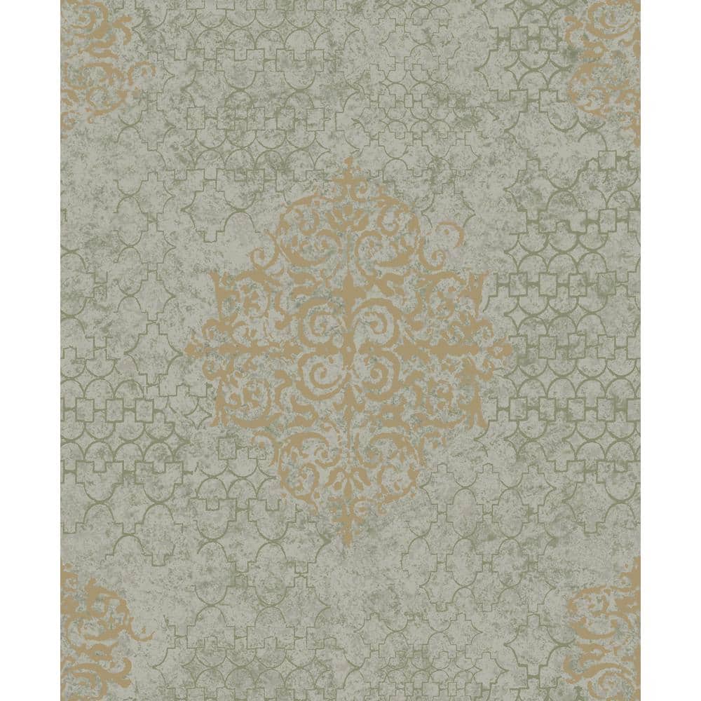 Luster Collection Gold/Grey Embossed Damask Metallic Finish Paper On Non-Wo