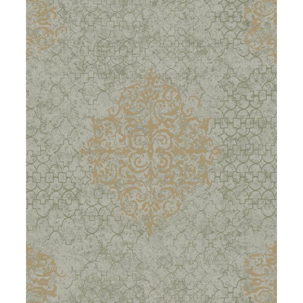 Unbranded Luster Collection Gold/Grey Embossed Damask Metallic Finish Paper On Non-Woven Non-Pasted Wallpaper Roll