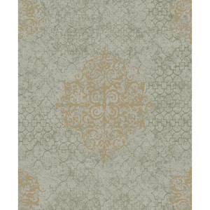 Lustre Collection Gold/Grey Embossed Damask Metallic Finish Paper on Non-Woven Non-Pasted Wallpaper Roll Sample