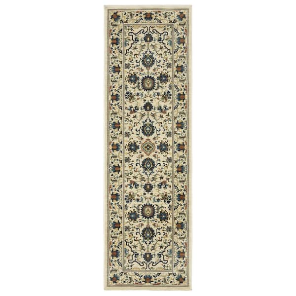Fleetwood Ivory/Multi-Colored 2 ft. x 8 ft. Bohemian Floral Border Polypropylene Fringe Edge Indoor Runner Area Rug