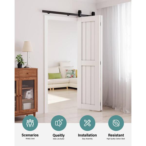 3.3 ft. /40 in. J Shape Frosted Black Top Mount Bi-Fold Sliding Barn Door Hardware Track Kit for Double Doors