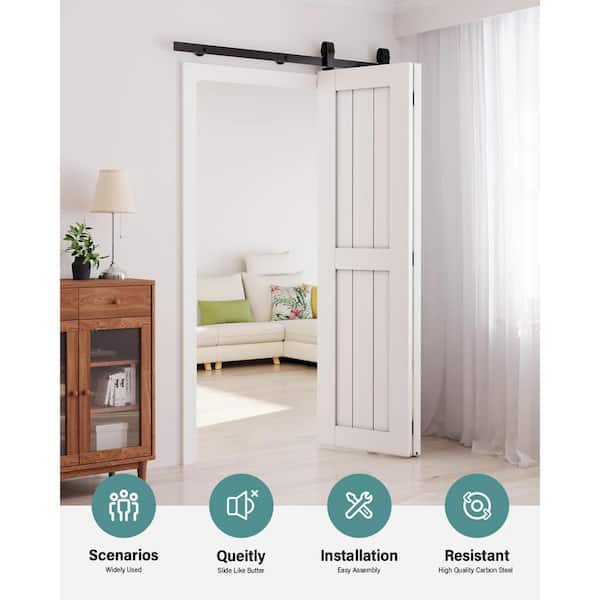 5.5 ft. /66 in. J Shape Frosted Black Top Mount Bi-Fold Sliding Barn Door Hardware Track Kit for Double Doors