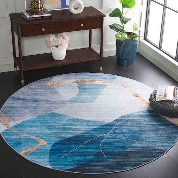 Malibu Blue/Gold 6 ft. x 6 ft. Machine Washable Abstract Modern Round Area Rug