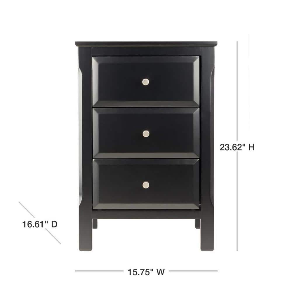 Transitional Black 3-Drawer Rectangular Nightstand