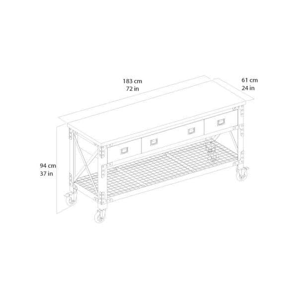 Industrial Aged Espresso 72" 3-Drawer Mobile Workbench with Solid Wood Top