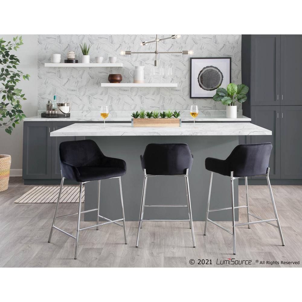 Black Velvet and Chrome Modern Counter Stools, Set of 2