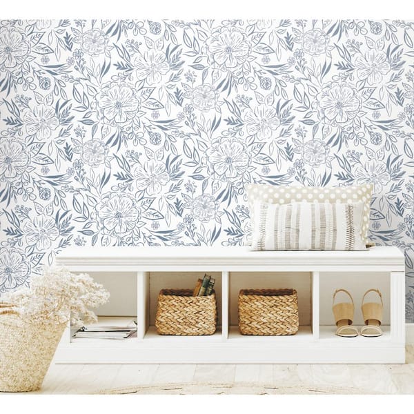 Floral Sketch Blue Vinyl Peel and Stick Matte Wallpaper 30.75 sq. ft.