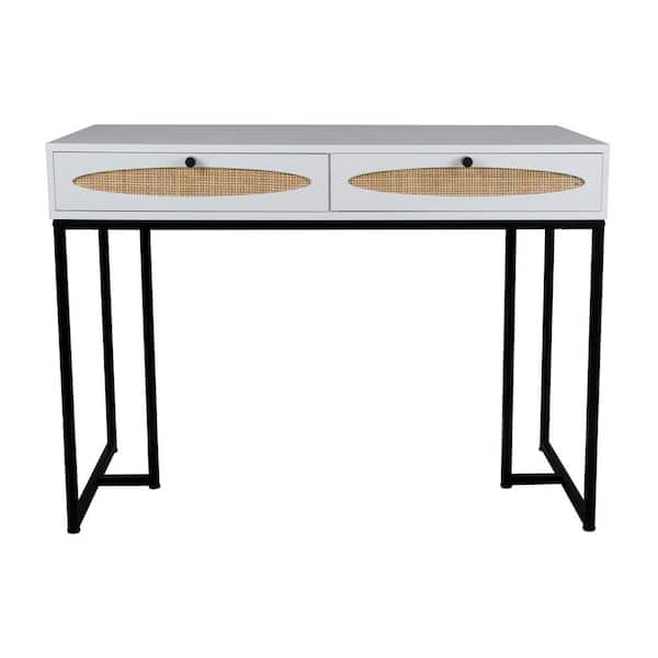 Spaco 42 in.W Rectangle White Wood Natural Rattan Writing Desk with 2 drawer