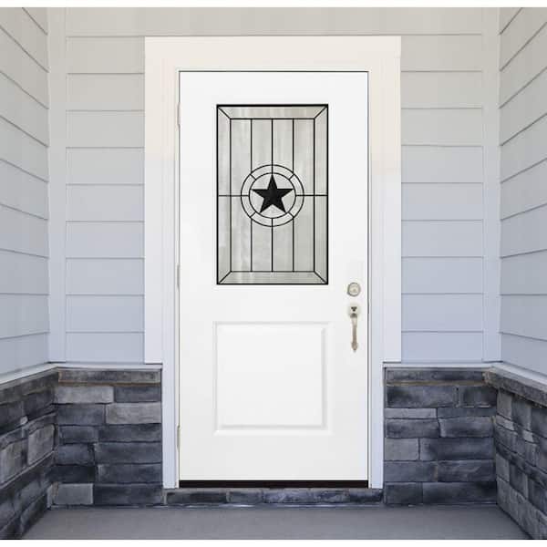 36 in. x 80 in. Legacy Alamo Half Lite Decorative Glass White Primed RH Outswing Fiberglass Prehung Front Door
