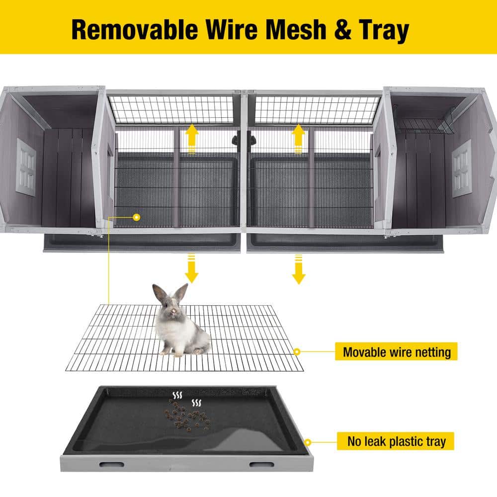 Gray Wooden Indoor/Outdoor Rabbit Hutch with Double House and Run