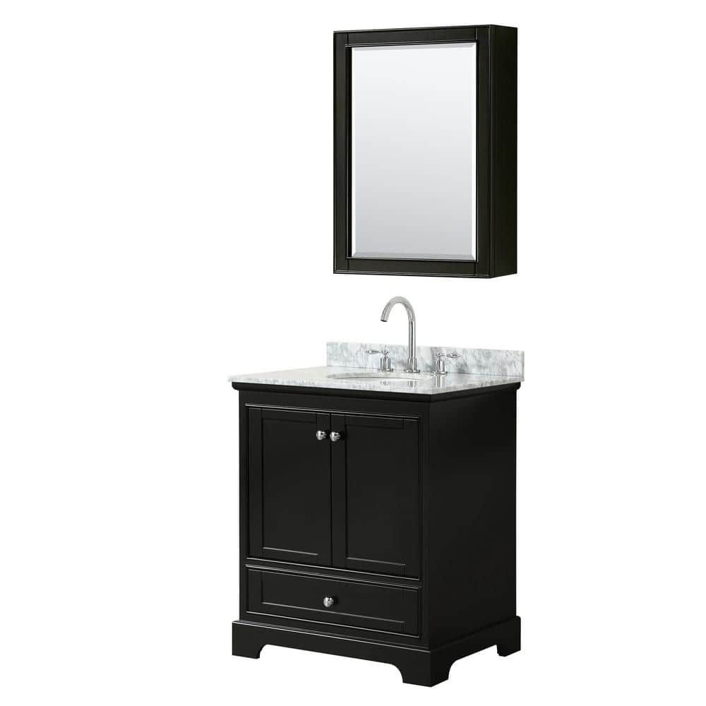 Deborah 30 in. Single Vanity in Dark Espresso with Marble Vanity Top in White Carrara with White Basin and Med Cabinet -  Wyndham Collection, 700161177183