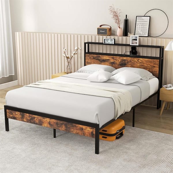 Costway Rustic Brown Metal Bed Frame Full Platform Bed with Storage Headboard Charging Station 18-Watt USB C Port