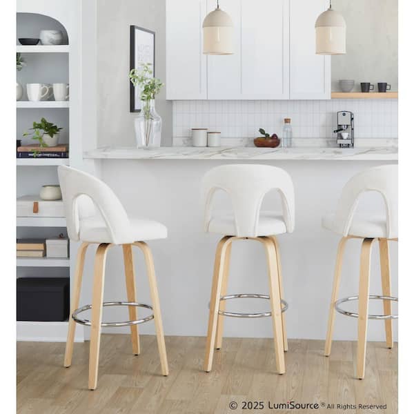 Ava Upholstered 42.25 in. Fixed-Height Barstool Natural Wood and Snow White Fabric & Round Chrome Footrest (Set of 2)