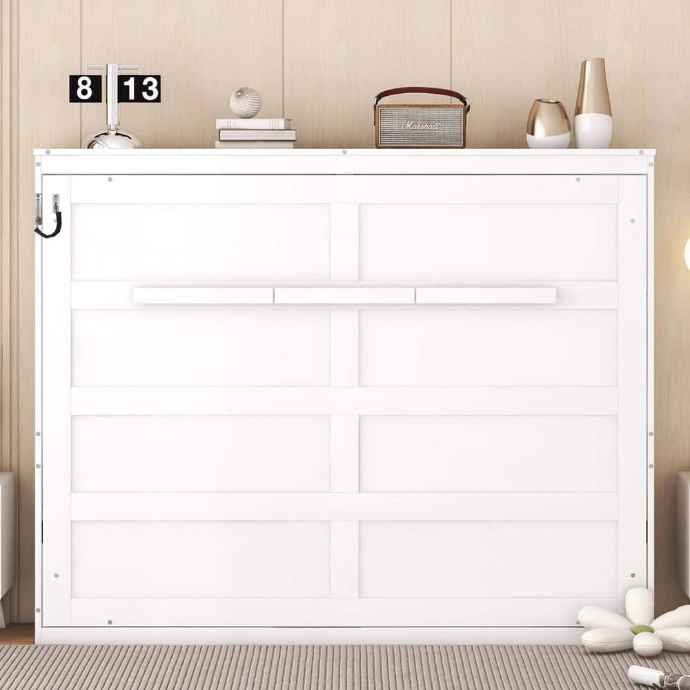 White Wood Frame Queen Size Murphy Bed, Wall Bed Folded into a Cabinet - thumbnail 9