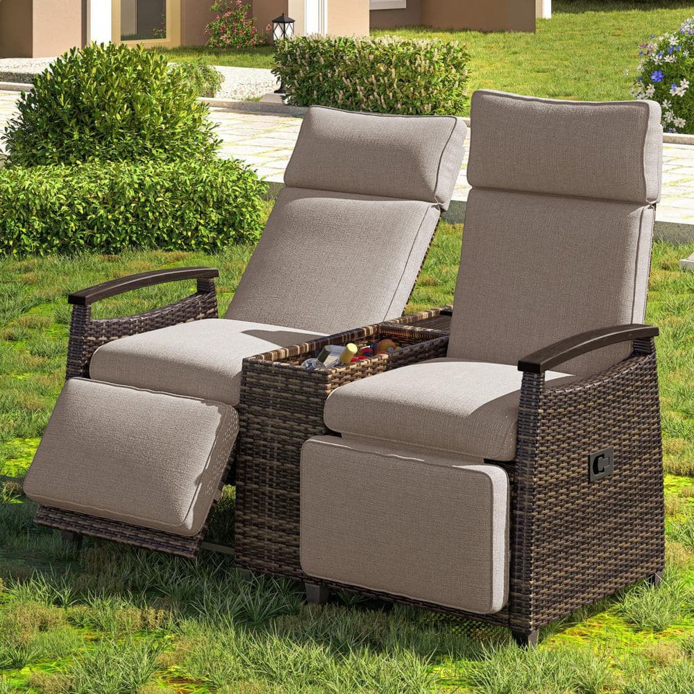 Brown Wicker Wood Outdoor Recliner Lounge Chair with Cushions, Acacia Wood 