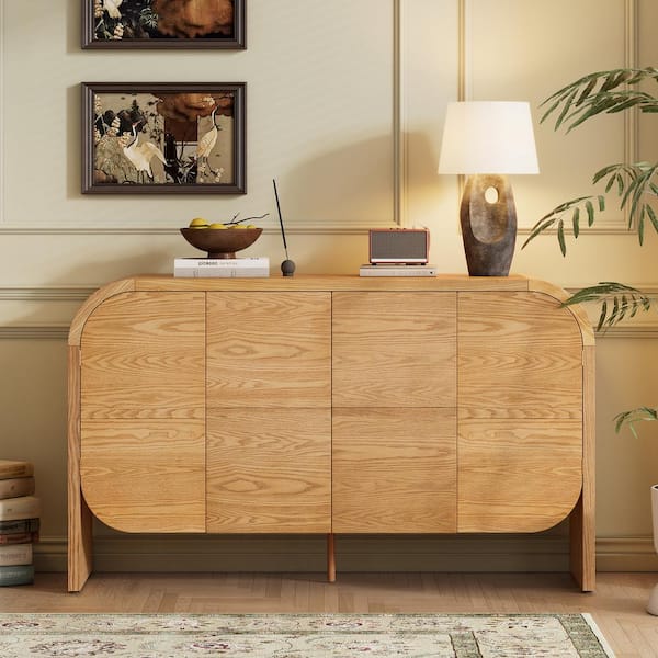 JUJABU Brown MDF Wood 56 in. Sideboard with Large Storage Accent Cabinet Rounded Corners for Living Room