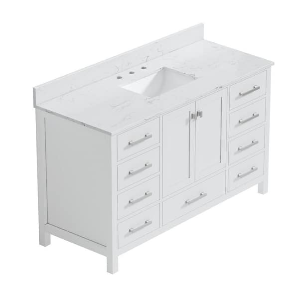 StarrySky 54 inch Undermount Single Sink Freestanding Bath Vanity in White with Engineered Stone Top