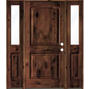 60 in. x 80 in. Rustic Knotty Alder Arch Top Red Mahogany Stained Wood Left Hand Single Prehung Front Door