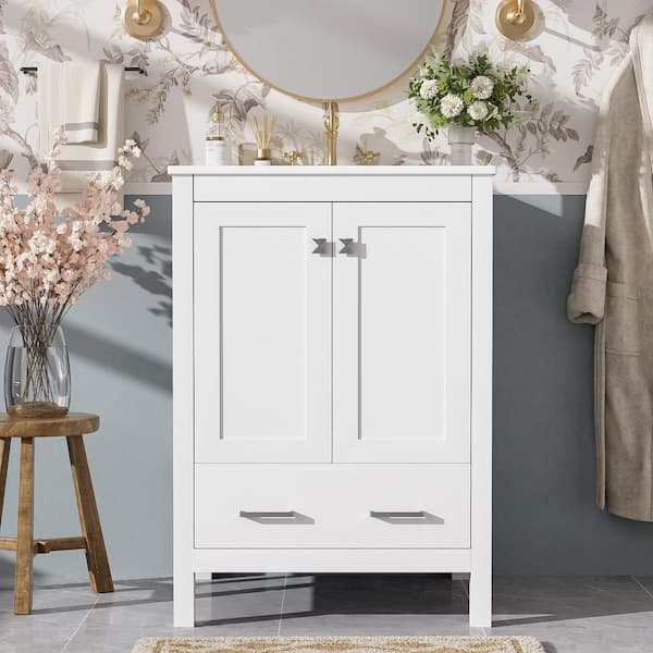 24 in. W Single Sink Modern Freestanding White Bath Vanity with White Ceramic Top Door Storage Rack (Unassembled)