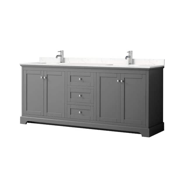 Wyndham Collection Avery 80in.Wx22 in.D Double Vanity in Dark Gray with Cultured Marble Vanity Top in Light-Vein Carrara with White Basins