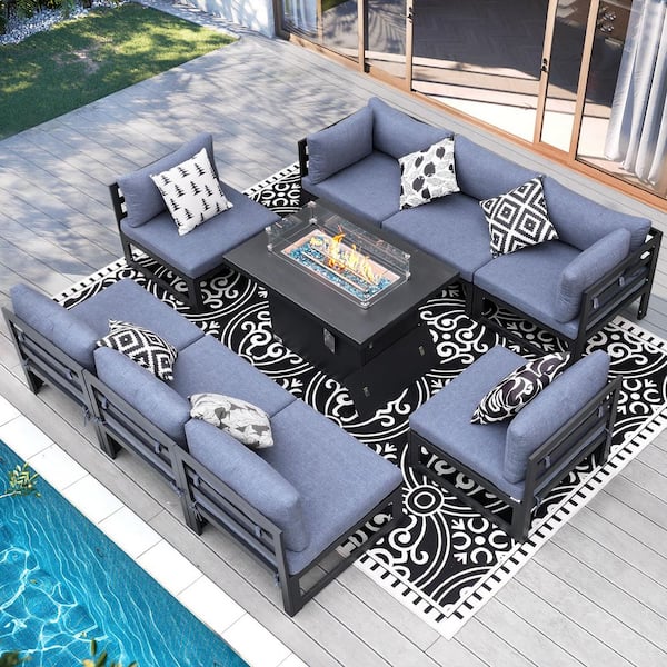 Extra Large Gray 9-Piece Aluminum Patio Fire Pit Conversation Set Deep Seating Sectional Sofa with Denim Blue Cushions