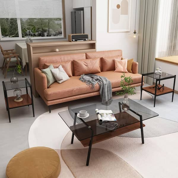 Set of 3 38.58 in. Rectangle Gray Tempered Glass Coffee Table with MDF Shelf and Black Metal Legs with 2-End tables