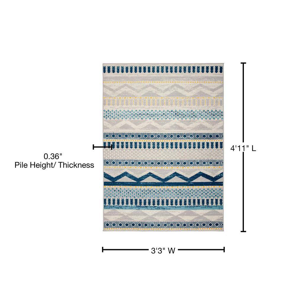 Boho Blue Geometric Tufted Synthetic Area Rug