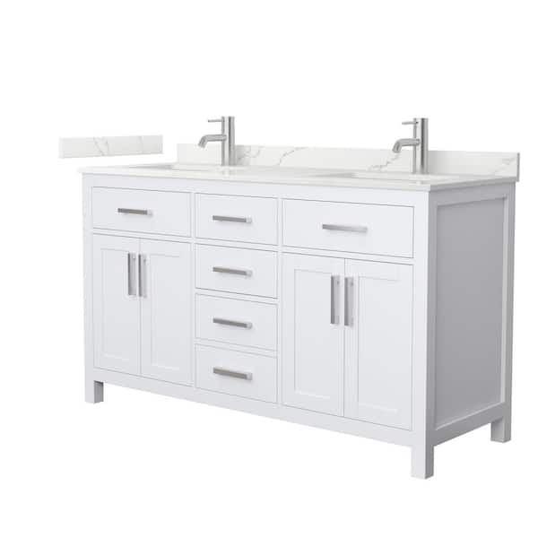 Wyndham Collection Beckett 60 in. Double Freestanding White Bath Vanity with Giotto Quartz Top (Assembled)