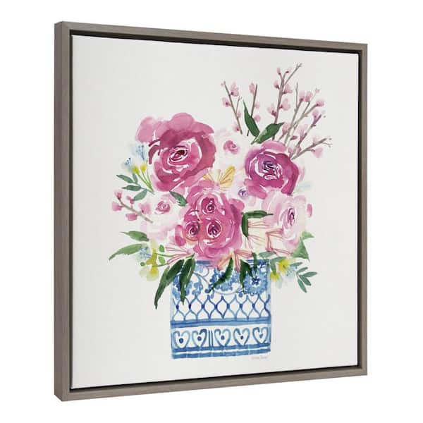 Kate and Laurel Sylvie Pink Blooms in Chinoiserie Framed Canvas by Patricia Shaw Set of 1 Nature Art Print 22.00 in. x 22.00 in.