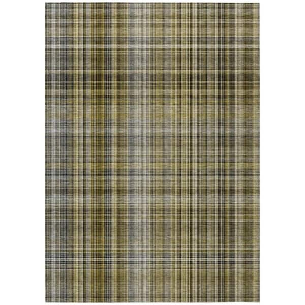 Green, Beige, Gray 5 ft. x 8 ft. Woven Plaid Polyester Rectangle Indoor / Outdoor Area Rug