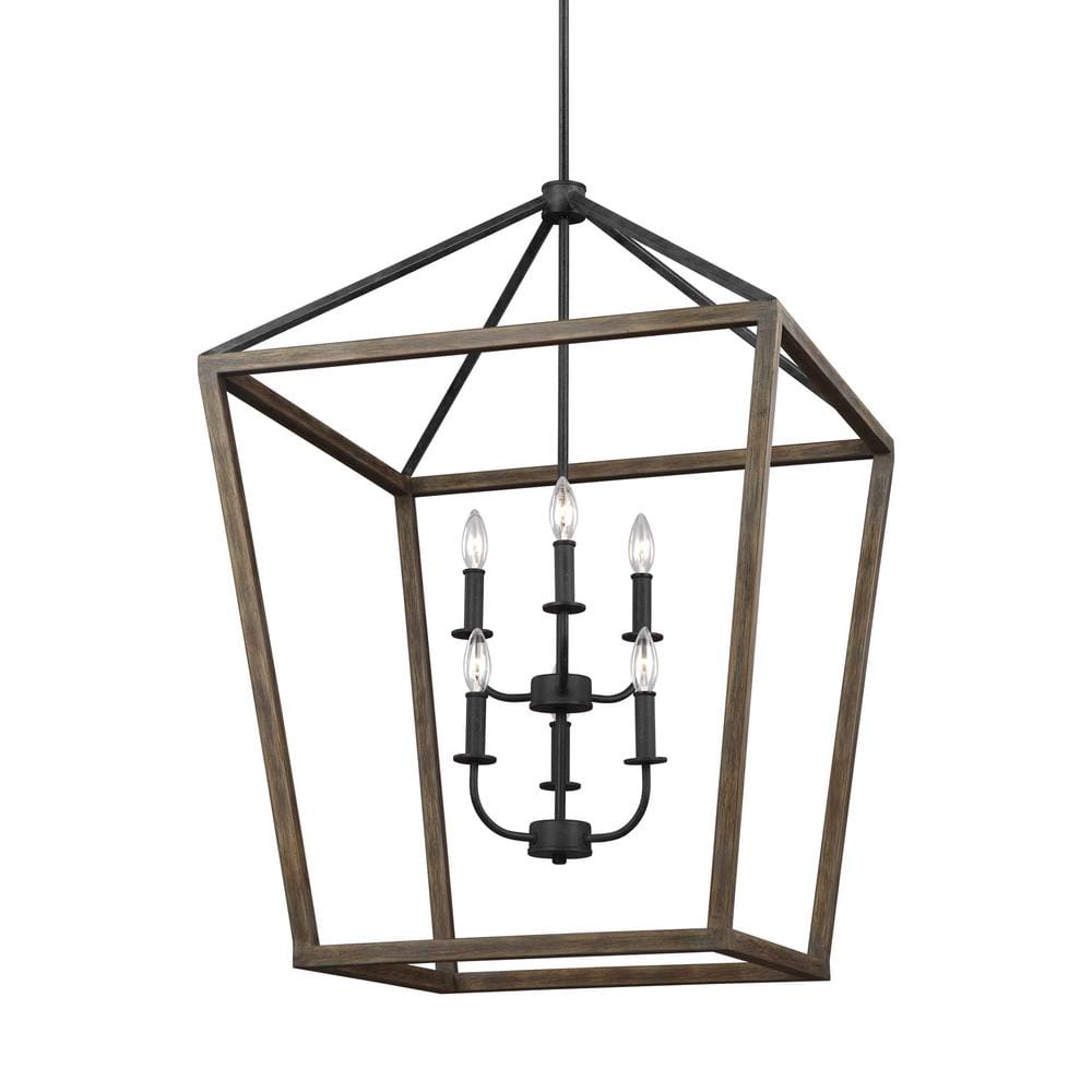 Weathered Oak and Antique Forged Iron Brass Cage 6-Light Chandelier
