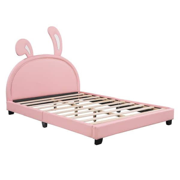 Polibi Wood Frame Full Size Platform Bed with Upholstered Rabbit Ornament Headboard, Pink