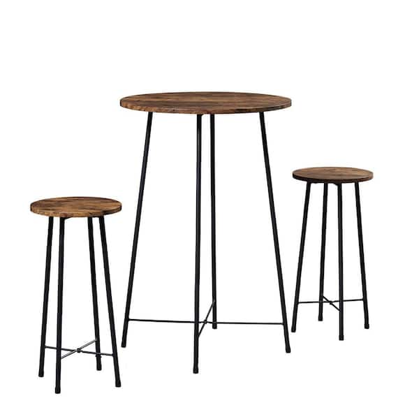 VECELO Dining Table Set 23.6 in. Round Brown Bistro Wood top with Metal Frame Table and Chairs for Dining Room (Set of 3)