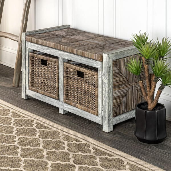 Rustic 30" 2 Drawer Wicker Storage Bench, Gray
