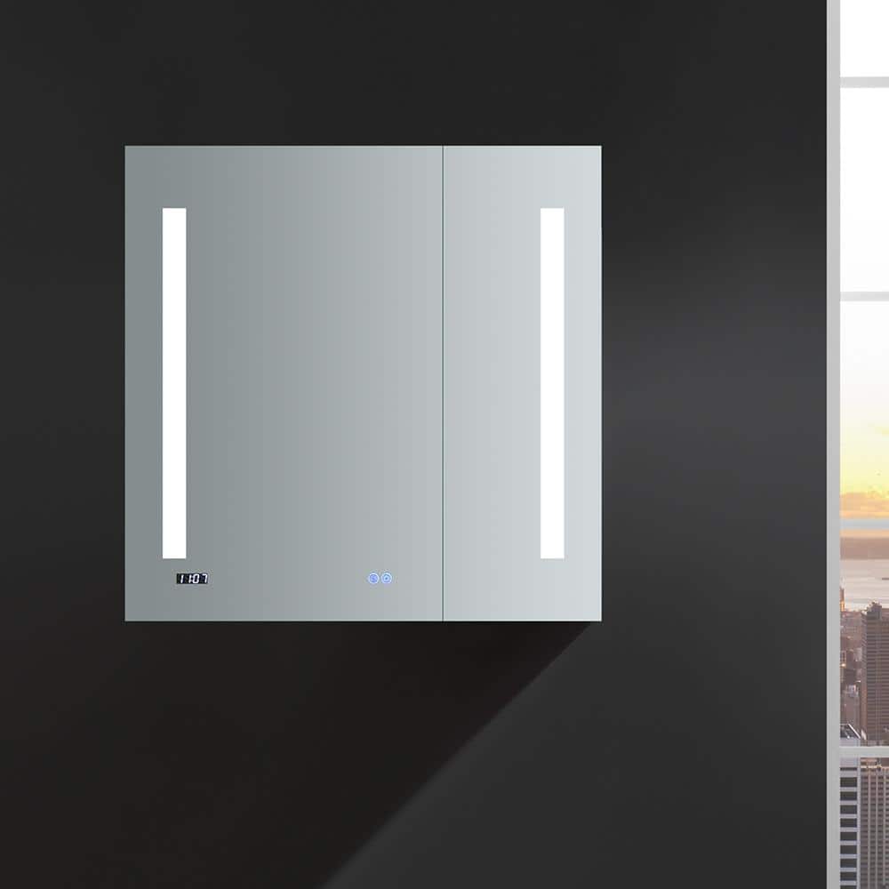 Modern 30'' Square Frameless Mirrored LED Medicine Cabinet with Clock