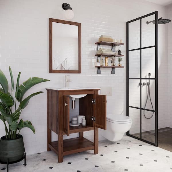 Manchester 24 in. Single Sink Shaker-Style Warm Walnut Bath Vanity with White Quartz Top and Integrated Sink