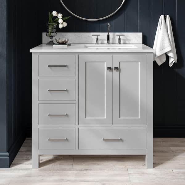 ARIEL Cambridge 36 in. Single Sink Freestanding Bathroom Vanity in Gray with Carrara White Marble Top