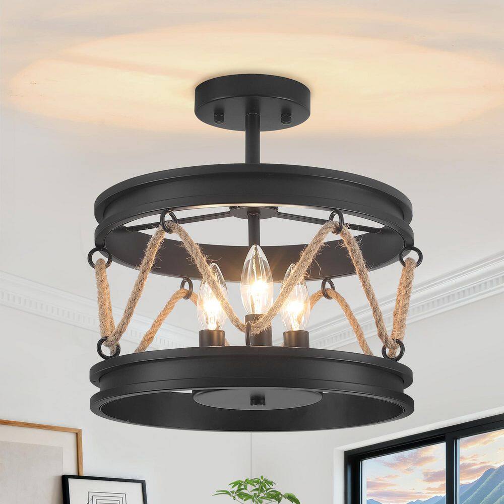 13 in. 3-Light Black Metal Drum Semi Flush Mount with Natural Rope price history on PriceWatchPro