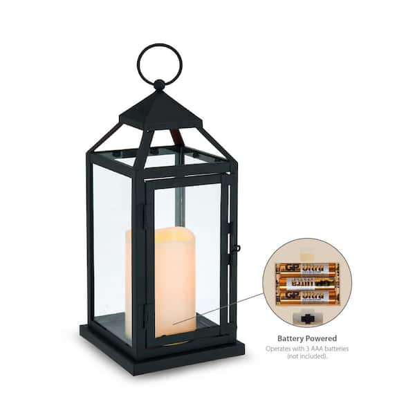 14 Hexagonal Candlelit Iron Lantern with LED Lights Black/White - Alpine Corporation