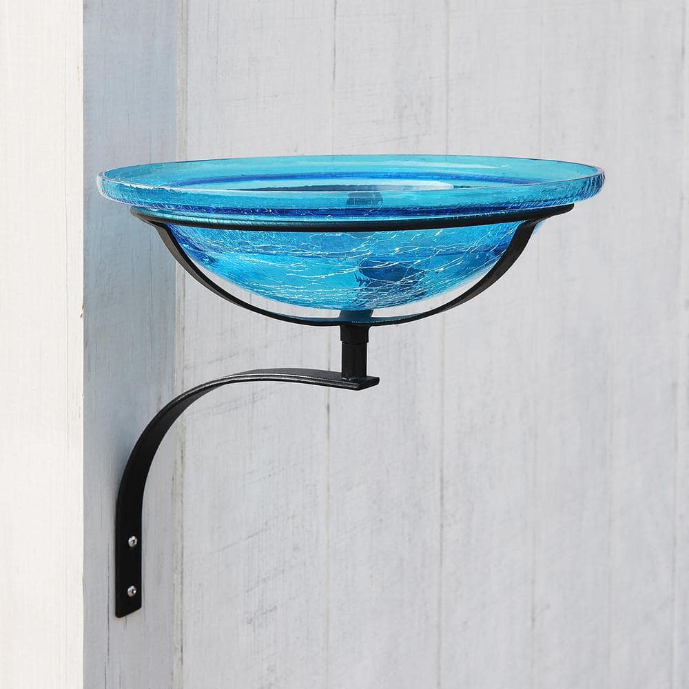 Teal Crackle Glass Birdbath Bowl with Wall Mount Bracket