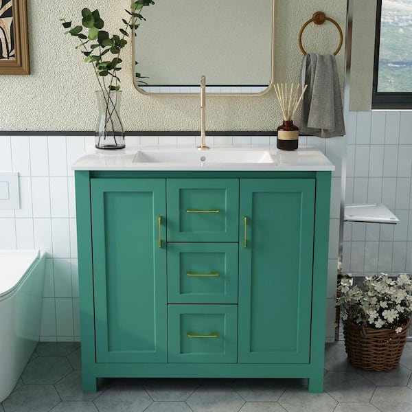 36 in. Freestanding Green Bath Vanity with White Ceramic Top
