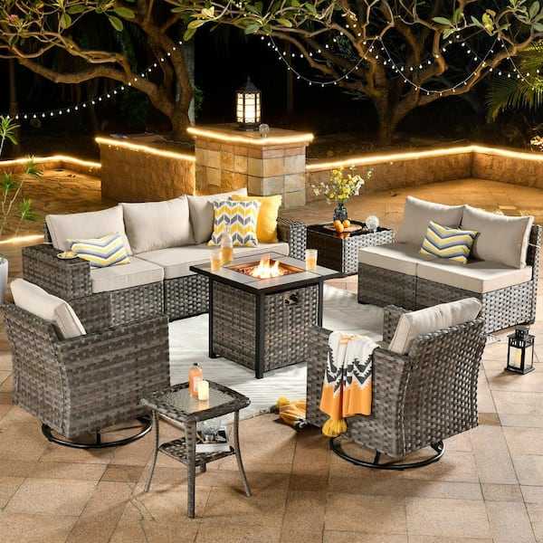 HOOOWOOO Tahoe Grey 10-Piece Wicker Swivel Rocking Outdoor Patio Conversation Sofa Set with a Fire Pit and Beige Cushions