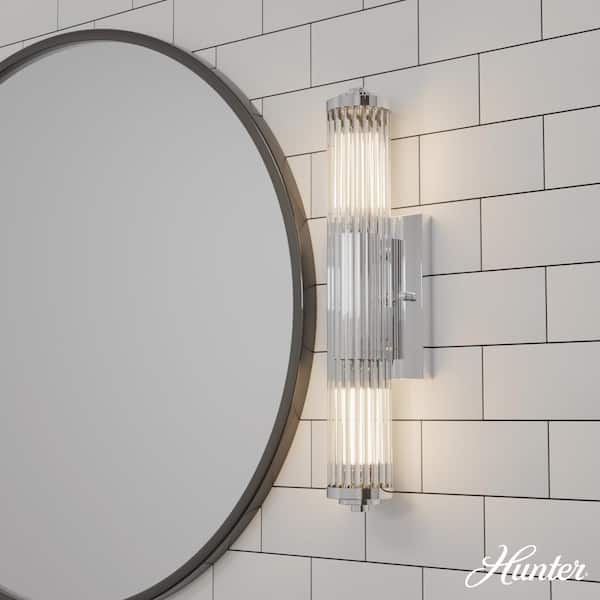 Hunter Holly Grove 18 in. 2-Light Chrome Vanity Light with Clear Ribbed Glass Shades