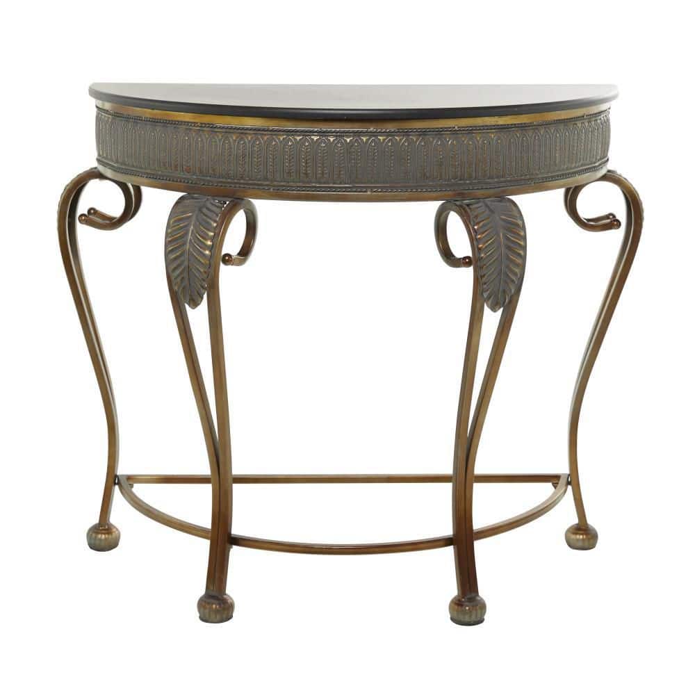 Gold Metal Demilune Console Table with Ornate Scroll Legs