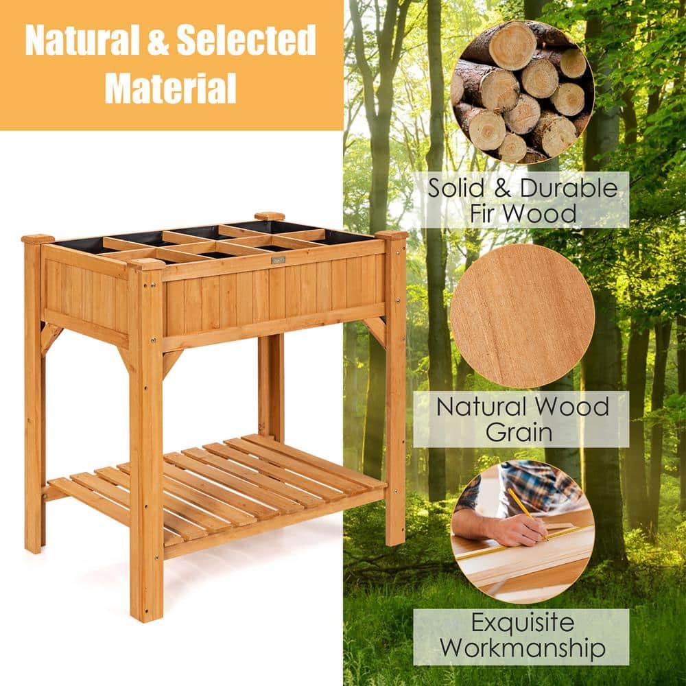 Natural Fir Wood Raised Garden Bed with Liner and Shelf